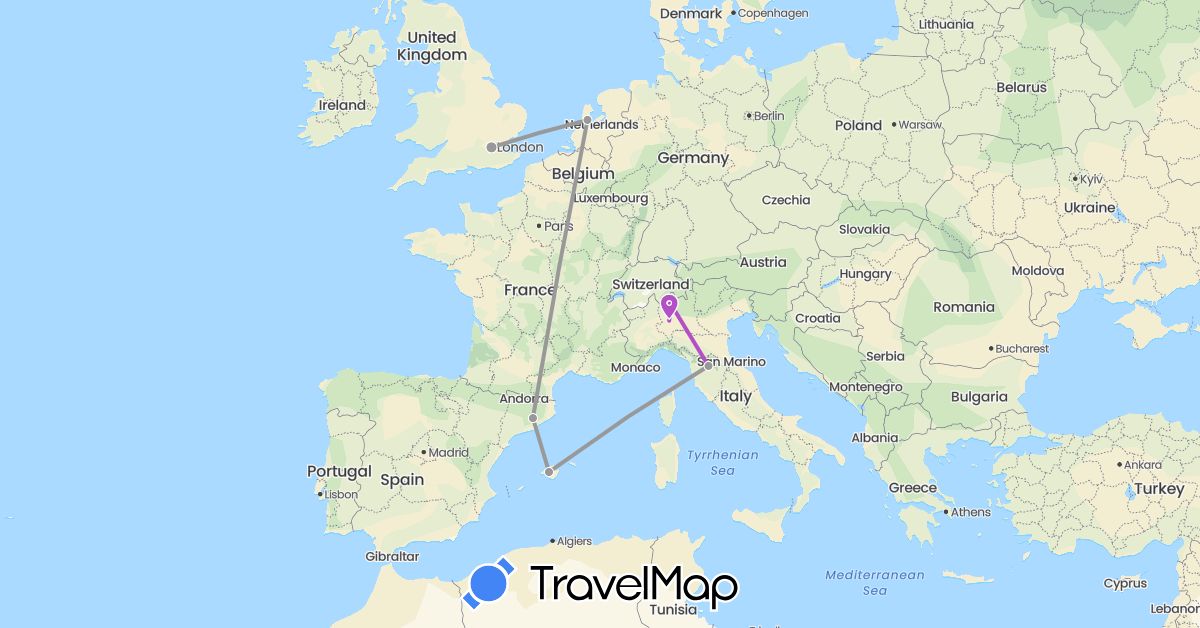 TravelMap itinerary: driving, plane, train in Spain, United Kingdom, Italy, Netherlands (Europe)